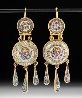 19th C. Neoclassical Gold & Stone Micro Mosaic Earrings