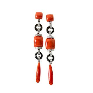 CORAL, ONYX AND DIAMOND WHITE GOLD EARRINGS