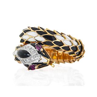 ENAMELED AND JEWELED 18K GOLD SERPENT RING