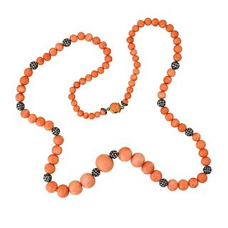 CORAL AND DIAMOND PAVE BEAD NECKLACE