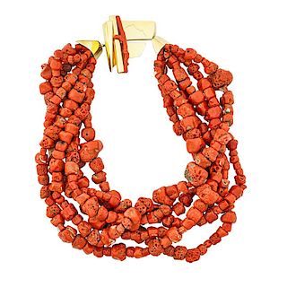 SIX STRAND ARTISANAL NECKLACE, RED CORAL & 18K GOLD