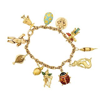TWO 14K GOLD LINK BRACELETS WITH FIGURAL CHARMS OR FOBS