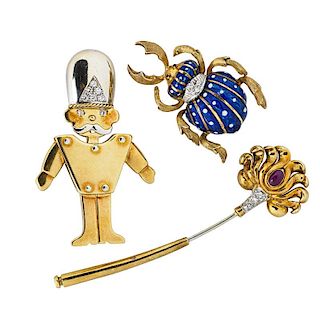 THREE WHIMSICAL 18K YELLOW GOLD, GEM-SET BROOCHES OR PIN