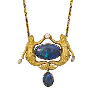 GOLD AND BLACK "OPAL" MERMAID PENDANT ON CHAIN