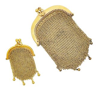 TWO FRENCH 18K GOLD MESH PURSES