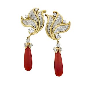 DIAMOND, RED CORAL, GOLD AND PLATINUM EARRINGS