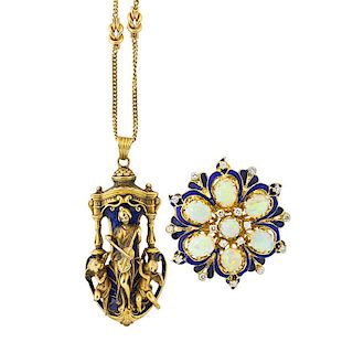 TWO VICTORIAN REVIVAL YELLOW GOLD ENAMEL JEWELS