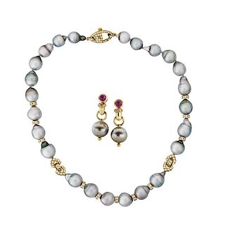 GRAY TAHITIAN PEARL, DIAMOND & GOLD NECKLACE & EARRINGS