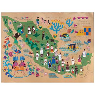 CARLOS MÉRIDA, Mapa de la Reupública Mexicana, de la carpeta Trajes regionales, 1945, Firmada en malla, Serigrafía s/n, 49.5 x 64.5 cm | CARLOS MÉRIDA