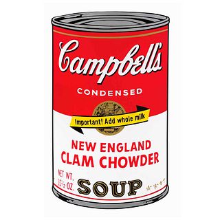 ANDY WARHOL, 11.57: Campbell's New England clam chowder soup, Con sello en la parte posteior, Serigrafía s/n de tiraje, 81 x 48 cm | ANDY WARHOL, 11.5
