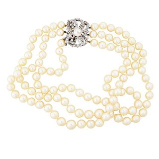 THREE STRAND CULTURED PEARL AND DIAMOND NECKLACE