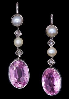 A PAIR OF PINK TOURMALINE AND PEARL EARRINGS