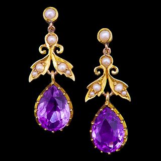 ANTIQUE  VICTORIAN AMETHYST AND PEARL DROP EARRINGS