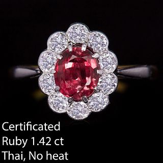 CERTIFICATED 1.42 CT. RUBY AND DIAMOND CLUSTER RING