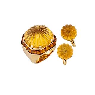 RETRO CARVED CITRINE GOLD RING, TIFFANY EARRINGS