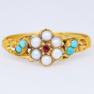 ANTIQUE RUBY, PEARL AND TURQUOISE CLUSTER RING