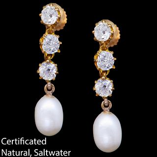 CERTIFICATED NATURAL SALTWATER PEARL AND DIAMOND DROP EARRINGS
