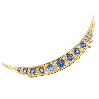 ANTIQUE SAPPHIRE AND DIAMOND CRESCENT BROOCH