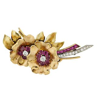 BICOLOR GOLD, RUBY AND DIAMOND FLOWER BROOCH