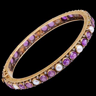 RARE ANTIQUE VICTORIAN PEARL AMETHYST AND DIAMOND ETERNITY HINGED BANGLE