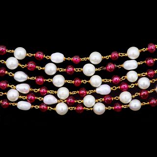 PEARL AND RED BEAD LONGCHAIN NECKLACE