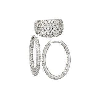DIAMOND PAVE 18K WHITE GOLD HOOP EARRINGS AND RING