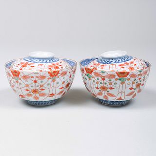 Pair of Japanese Imari Porcelain Rice Bowls and Covers