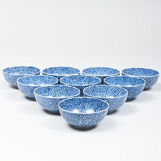 Set of Ten Japanese Imari Blue and White Porcelain Bowls