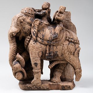 South Indian Carved Wood Battle Elephant and Twp Aiyanar, Tamil Nadu