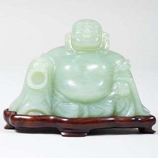 Chinese Green Hardstone Figure of Seated Buddha