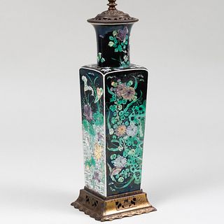 Chinese Famille Noir Porcelain Square Baluster Vase Mounted as a Lamp