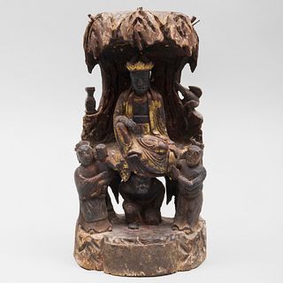 Chinese Gilt and Polychromed Figure of Guanyin with Acolytes