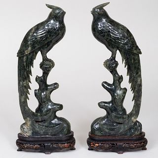 Pair of Chinese Spinach Green Hardstone Carvings of Birds
