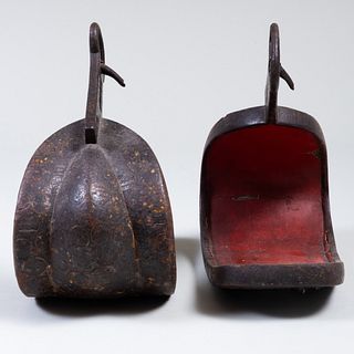 Pair of Japanese Mixed-Metal and Lacquer Stirrups
