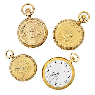 FOUR GOLD CASED MECHANICAL POCKET WATCHES