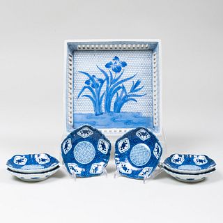 Japanese Porcelain Square Tray and a Set of Six Small Blue and White Dishes