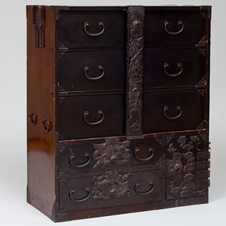 Japanese Metal-Mounted Stained Wood Tansu with Center Lock