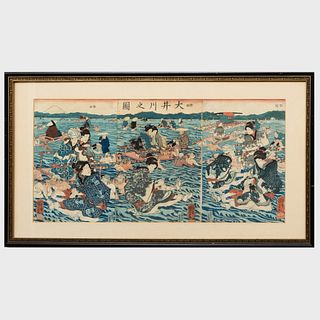 Japanese School: Geishas Bathing, Triptych