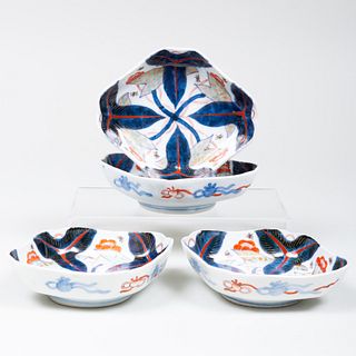 Set of Four Japanese Red and Blue Porcelain Lozenge Shaped Dishes