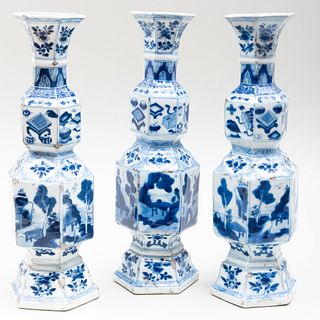 Group of Three Chinese Blue and White Porcelain Faceted Vases