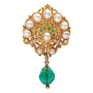 MARCUS ART NOUVEAU JEWELED ENAMELED GOLD BROOCH