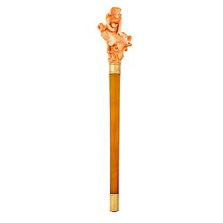 CARVED CORAL, AMBER & GOLD MOUNTED PARASOL HANDLE