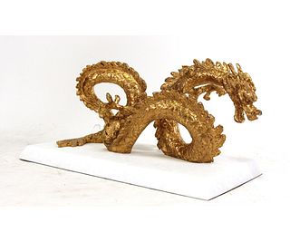 GOLD LEAF ON CAST IRON DRAGON ON MARBLE BASE