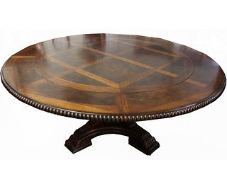 MAHOGANY CENTER PEDESTAL TABLE WITH INLAID TOP.
