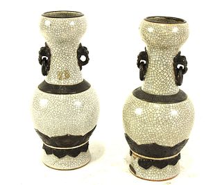 PAIR OF 19th C. CHINESE VASES CRACKLE BEIGE GLAZE