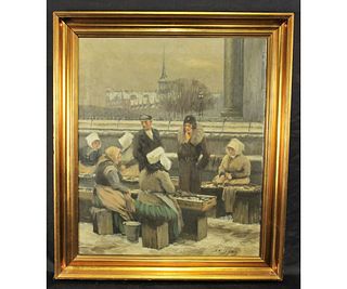 CIRCA 1920's FISH MARKET OIL ON CANVAS PAINTING