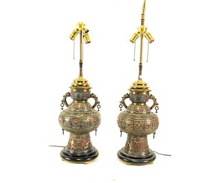 PAIR OF 19th C. THAILAND BRONZE CLOISONNE LAMPS