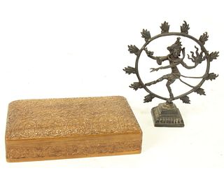 VINTAGE CARVED BOX IRAN AND SHIVA SCULPTURE
