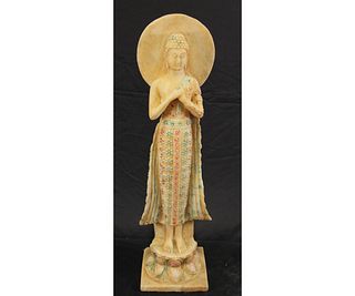 CARVED & PAINTED MARBLE STANDING BUDDHA WITH AURA