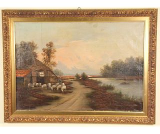19th CENTURY DAY AT THE FARM OIL ON CANVAS